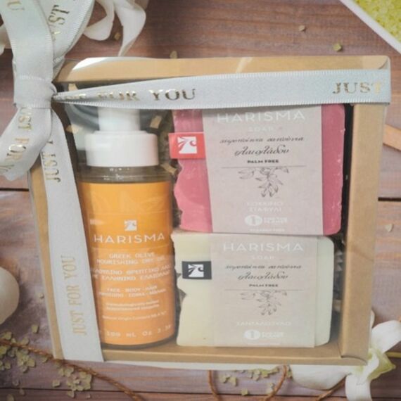 Harismasoap ΕΝΥΔΑΤΙΚΟ ΛΑΔΙ + 2 ΣΑΠΟΥΝΙΑ ΣΕ ΧΑΡΤΙΝΟ ΚΟΥΤΙ ΜΕ ΔΙΑΦΑΝΟ ΚΑΠΑΚΙ - Καλλυντικά στο Evia fine foods