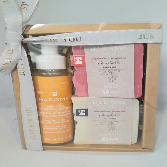 Harismasoap ΕΝΥΔΑΤΙΚΟ ΛΑΔΙ + 2 ΣΑΠΟΥΝΙΑ ΣΕ ΧΑΡΤΙΝΟ ΚΟΥΤΙ ΜΕ ΔΙΑΦΑΝΟ ΚΑΠΑΚΙ - Καλλυντικά στο Evia fine foods